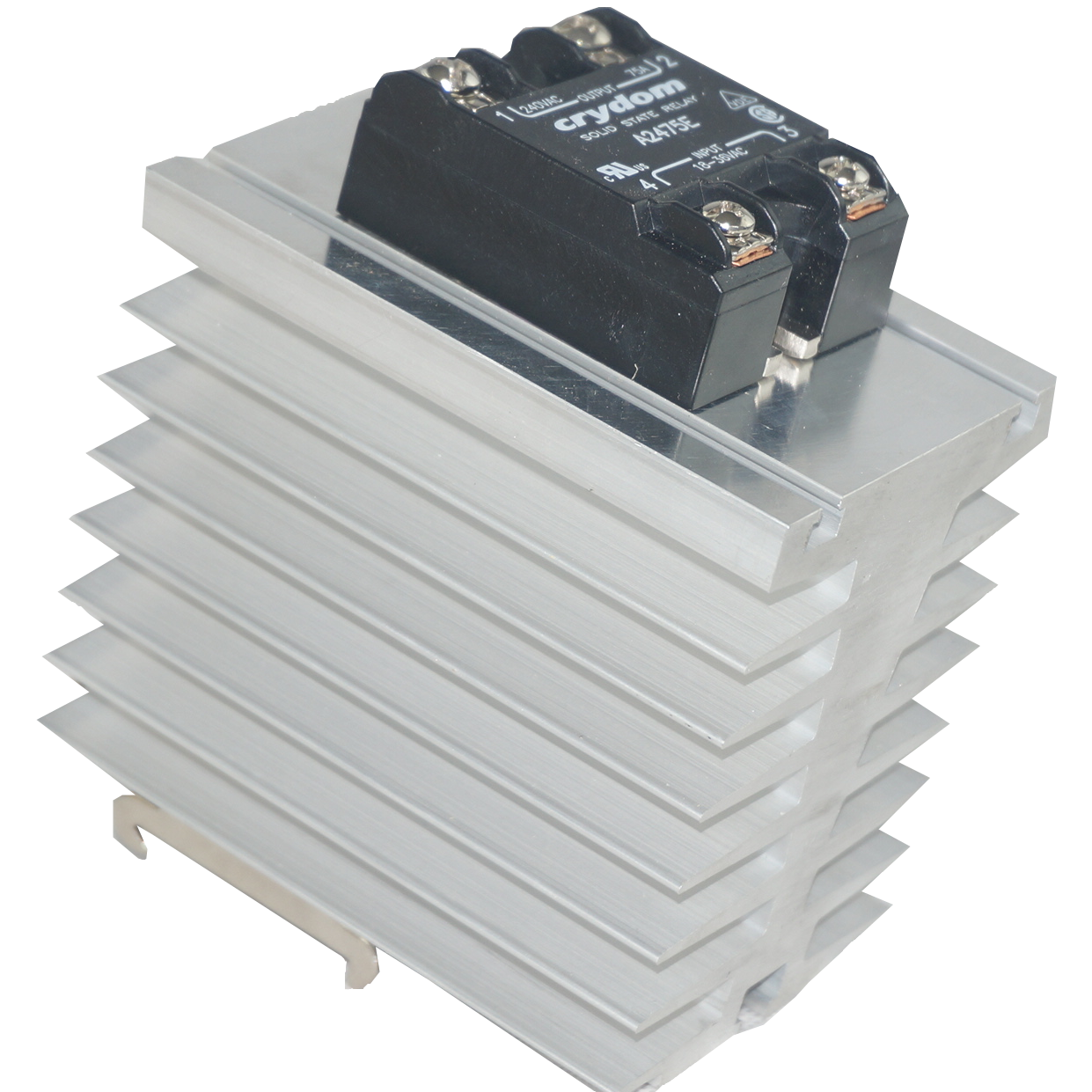 GFIN/70M-DR + D2440G, Din Rail Mount Solid State Relay with Heatsink, 4-32VDC Control Input, 24-280VAC Output, 34 Amps @ 40 Deg C ambient, LED Indicator