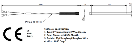 FTCK Series Type K Thermocouples MIMS Class A, Standard Sizes and Lengths 3mm or 5mm Shaft, Braided SS/Fibreglass/Teflon Tail, 304 Stainless Steel Sheath, CE ANSI ROHS Approved, -20 to 700 Deg C