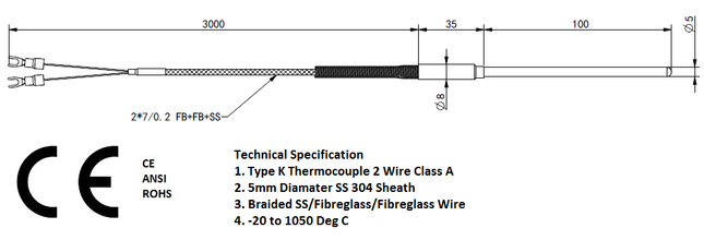FTCK Series Type K Thermocouples MIMS Class A, Standard Sizes and Lengths 3mm or 5mm Shaft, Braided SS/Fibreglass/Teflon Tail, 304 Stainless Steel Sheath, CE ANSI ROHS Approved, -20 to 700 Deg C