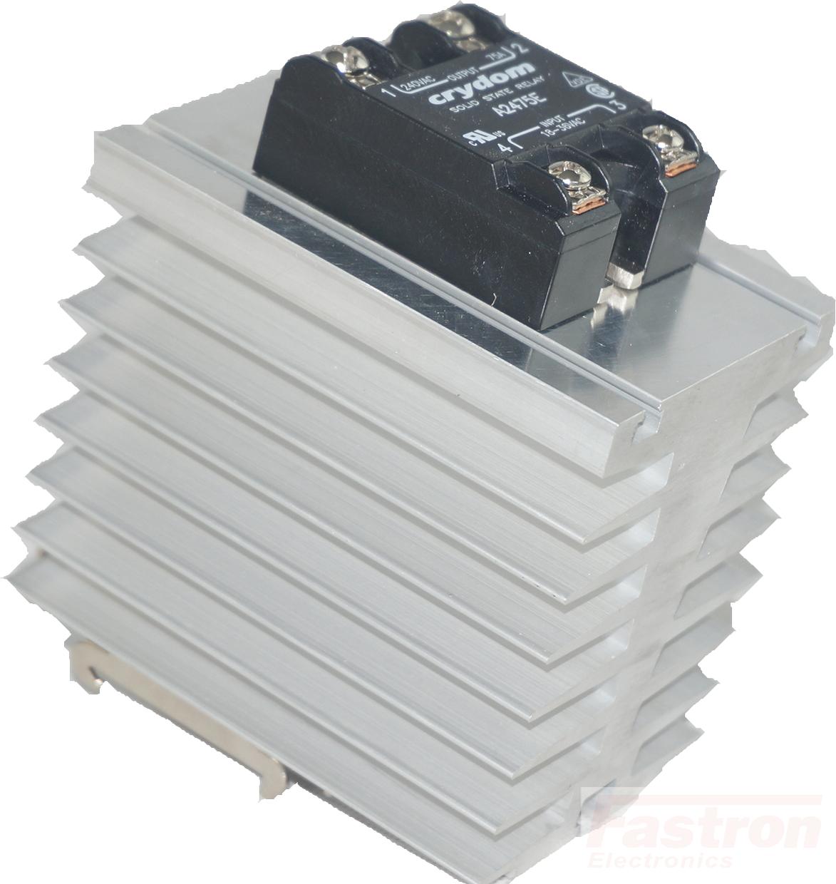 GFIN/100M-DR + CY9008, Din Rail Mount Solid State Relay with Heatsink, 4-32VDC Control Input, 48-660VAC Output, 50 Amps @ 40 Deg C ambient, with IP20 Cover-Solid State Relay Heatsink Assembly AC Load-Fastron Electronics-Fastron Electronics Store