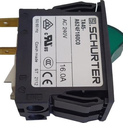 4430.2031 TA45-A624F140C0-AZM10, 2 Pole Rocker Switch, Non Latched, 14 AMP, 240VAC, 1 Pole Thermal Overload Protection, Screw Connection, Embossed Green Transparent Illumination, Collar with Cover Narrow IP54