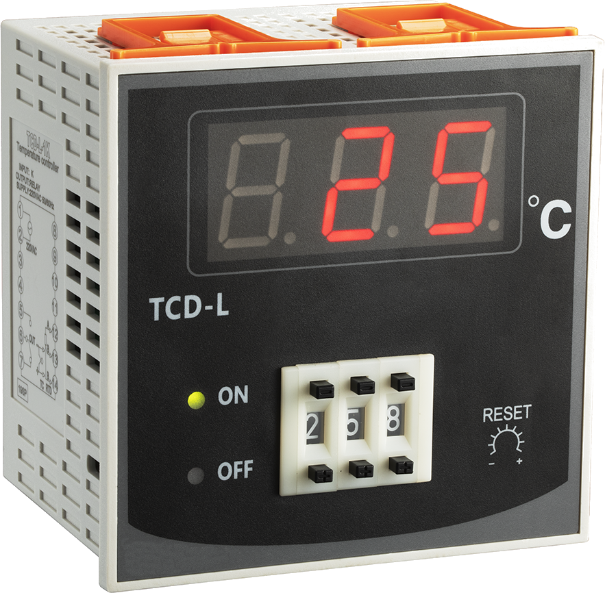 TCD Series Temp Controller, 72x72mm, or 96x96mm 230VAC, C/O Relay output, Type K/J/E or PT100/Cu Input versions. Analogue Dial & Digital Display, 0-999 Deg C