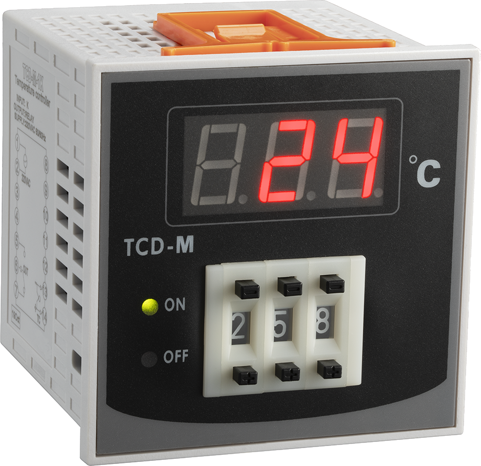 TCD Series Temp Controller, 72x72mm, or 96x96mm 230VAC, C/O Relay output, Type K/J/E or PT100/Cu Input versions. Analogue Dial & Digital Display, 0-999 Deg C