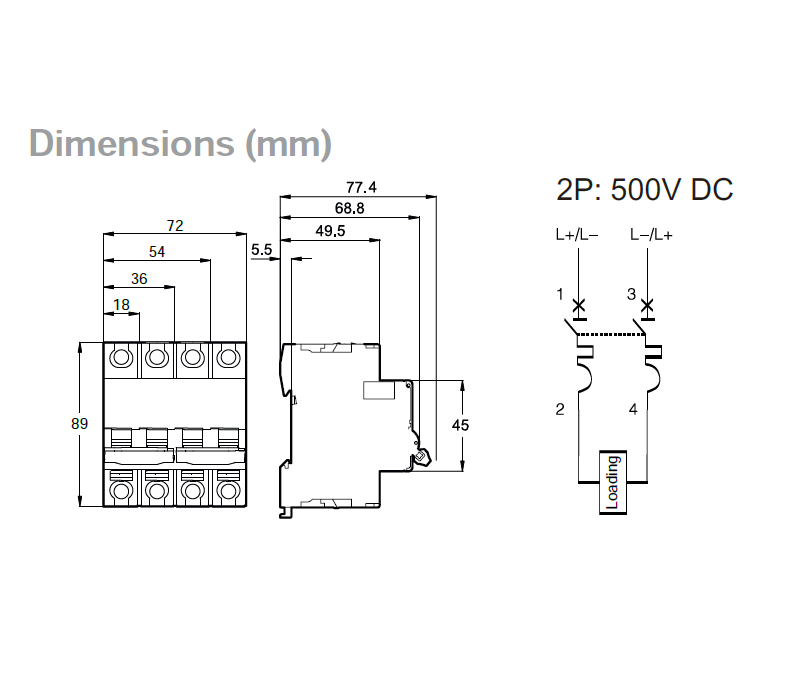 TGD-20-2P-C, 2 Pole Miniature  Bidirectional DC Circuit Breaker C Curve 20 Amp, 10kA, 500VDC, RCM Marked