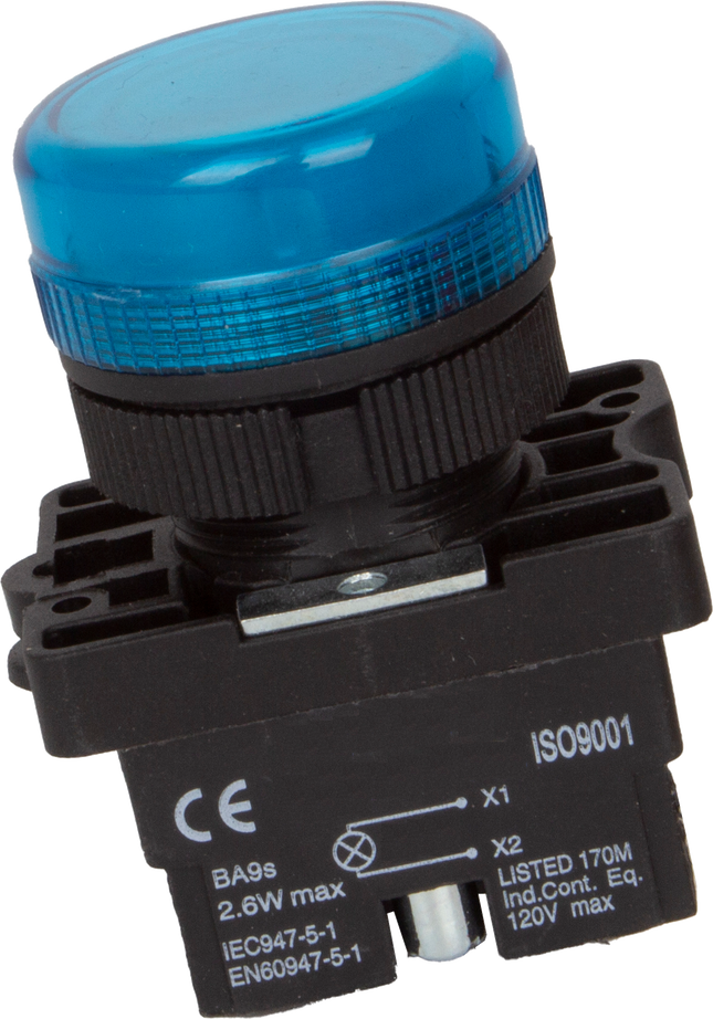 TRI-22-B240, 22mm LED Indicator BLUE 240VAC, Plastic, IP65, IEC60947-5-1