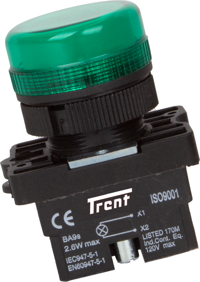 TRI-22-G240, 22mm LED Indicator GREEN 240VAC, Plastic, IP65, IEC60947-5-1
