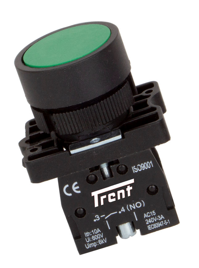 TRB-22D-G-240, 22mm Pushbutton Momentary GREEN 240VAC, Plastic, IEC60947-5-1