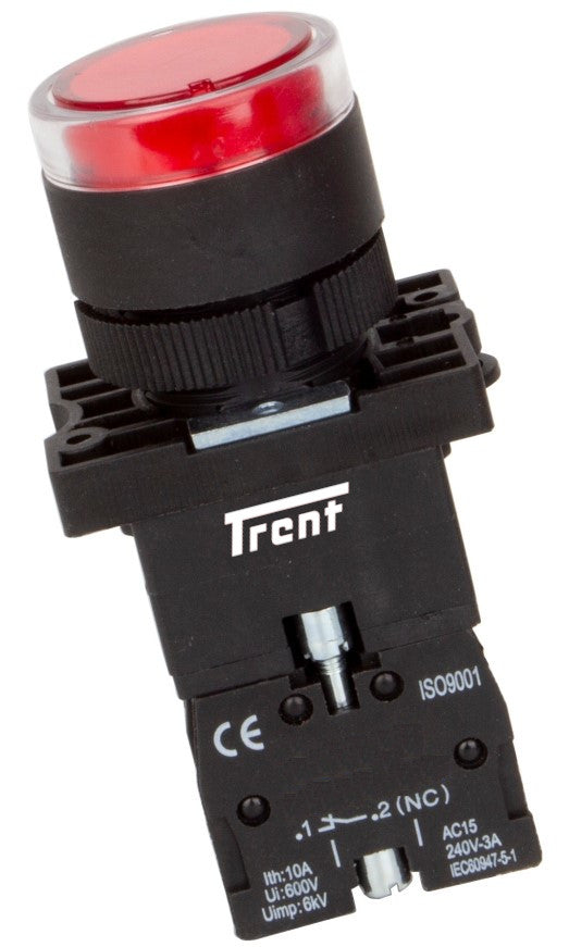 TRIB-22D-R-240-NC, 22mm LED Pushbutton & Indicator RED 240VAC, NORMALLY CLOSED, Plastic, IEC60947-5-1
