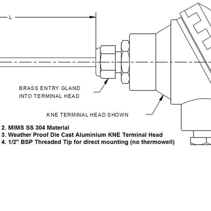 FTCK-9-86-XX-1/2" BSP, Type K Thermocouple MIMS Class A, 86 x 9mm Probe w/Terminal Head, -20 to 850 Deg C, CE ANSI ROHS Approved-Temperature Sensor-Fastron Electronics-Fastron Electronics Store