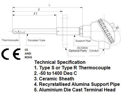 FTCR Type R Ceramic Thermocouple, Recrystallised Allumina 1400ºC 21x50mm Support Tube, KNE Alminium Die Cast Terminal Head, 0.35 Wire Diameter-Temperature Sensor-Fastron Electronics-Fastron Electronics Store
