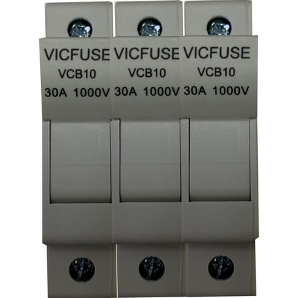 VCB10-30 3P 1000V, DIN Rail Mount Fuse Holder Three Pole for 10.3x38mm, 1000VAC/DC Fuses up to 32 Amp Rating