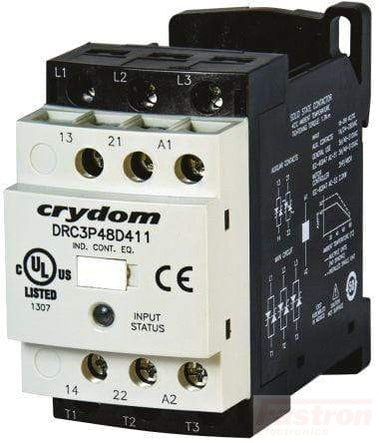 DRC3R48D420, AC Motor Controller & Contactor, 7.6 Amp, 18-30VAC/DC control, 48-530VAC Load, 2 Solid State NO Aux Contacts, Zero Crossing