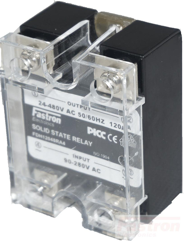 Fastron Electronics SSR AC Load FDH12048RA4, Solid State Relay, 480VAC, 120 Amp, 90-280VAC Control, Random Crossing, Panel Mount, w/plastic Cover FE-FDH12048RA4