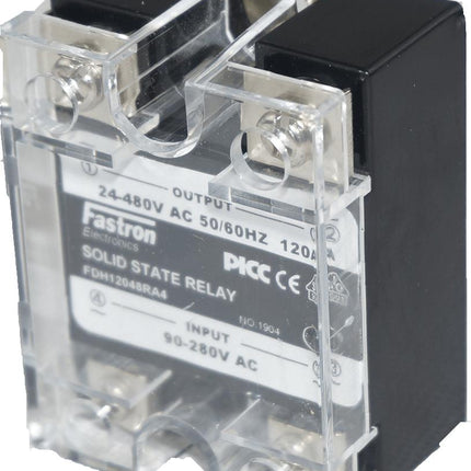 Fastron Electronics SSR AC Load FDH8048ZD3, Solid State Relay, 480VAC, 80 Amp, 90-280VAC Control, Zero Crossing, Panel Mount, w/plastic Cover FE-FDH8048ZD3
