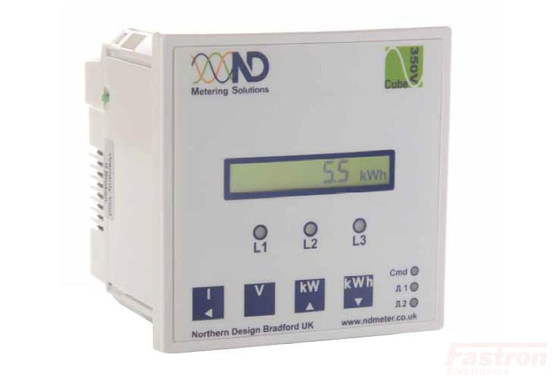 Cube 300-M2-C, Panel Mount kWh Meter, Class 1, 5Amp input, 2 pulse inputs or alarm/pulse outputs, RS485 Comms, Single line LCD Display
