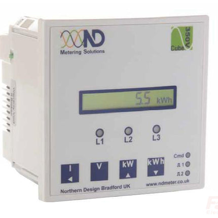 Cube 350-M2-C, Panel Mount kWh Meter, Class 1, 5Amp input, 2 pulse inputs or alarm/pulse outputs, RS485 Comms, Single line LCD Display