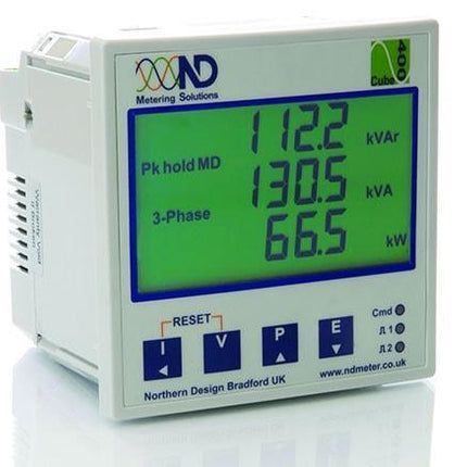 Northern Design Electronics Ltd kWh Meter Cube 400-M2-C, Panel Mount kWh Meter, Class 1, 5Amp input, 2 pulse inputs or alarm/pulse outputs, RS485 Comms, Three line LCD Display FE-CUBE400-M2-C