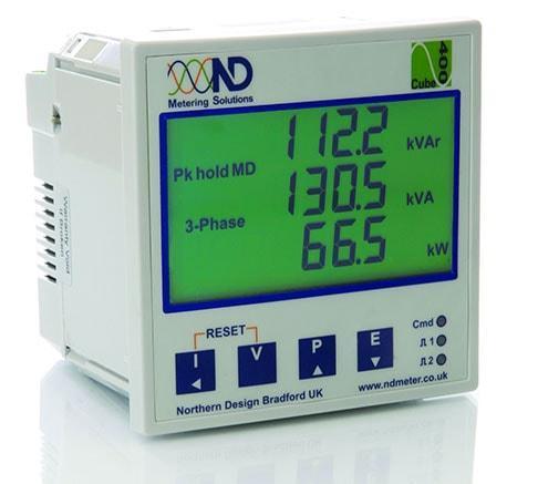 Northern Design Electronics Ltd kWh Meter Cube 400-M2-C, Panel Mount kWh Meter, Class 1, 5Amp input, 2 pulse inputs or alarm/pulse outputs, RS485 Comms, Three line LCD Display FE-CUBE400-M2-C