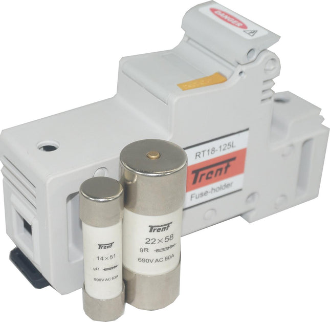 NBR-CH14/UQ/50A/690V + RT18-63L, 63 Amp 690VAC Semiconductor I²t gR Fuse Cartridge Style 51 x 14mm with DIN Rail Fuse Holder-gR Semiconductor Fuse Quick Release-Trent-Fastron Electronics Store