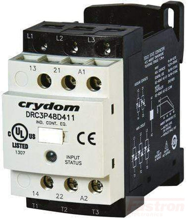 DRC3P48D420R, 7.6 Amp AC Semiconductor Motor Controller & Contactor, 48-530VAC Load, DIN Rail Mount, 18-30VAC/DC Control, 2 Solid State NO Aux Contacts, Random Crossing